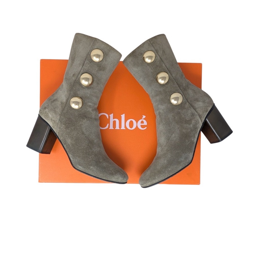 Chloé Orlando Suede Ankle Boots Gray Greige Gold Studs Size 37 Block Heel